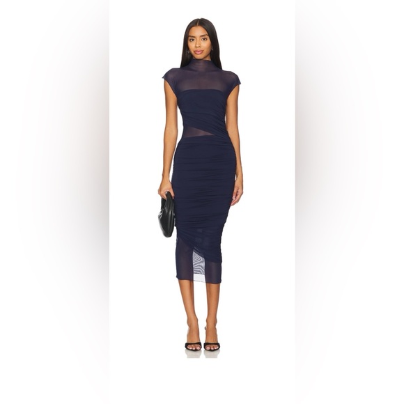 SER.O.YA Dresses & Skirts - Seroya “Tabitha” Mesh Ruched Midi Dress – Navy – Size S- Retail $350